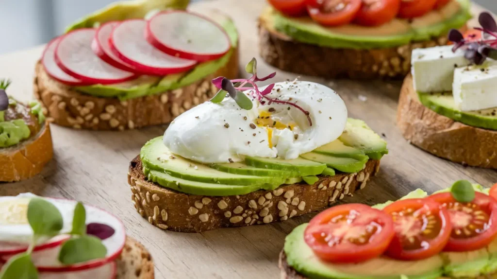 A vibrant close-up of various avocado toast variations arranged on a wooden table, featuring toasted bread topped with creamy avocado, colorful sliced radishes, cherry tomatoes, poached eggs, feta cheese, and microgreens; each toast has unique toppings and garnishes, showcasing a variety of textures and colors in natural lighting