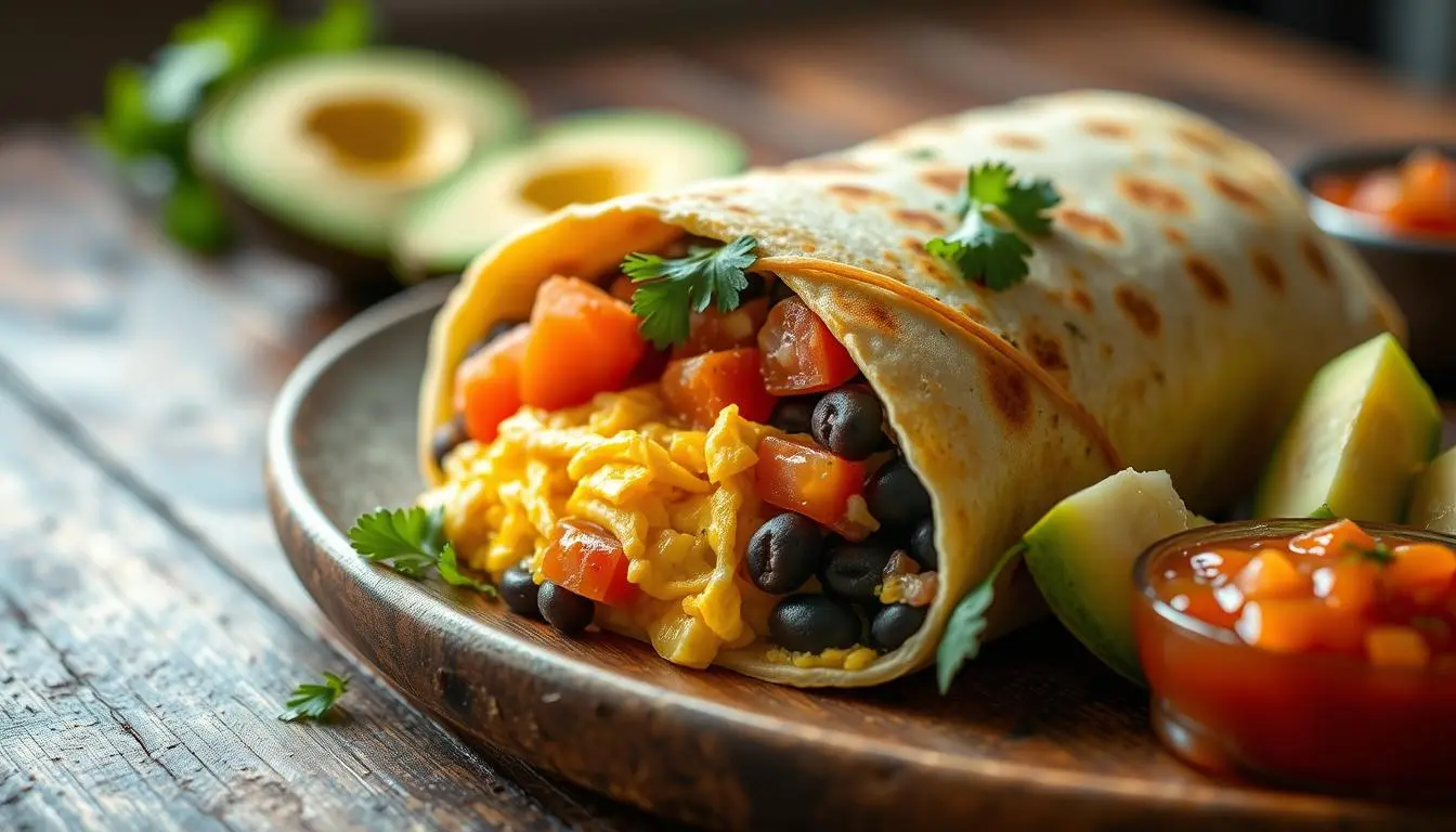 Protein-packed breakfast burrito with scrambled eggs, sausage, and fresh salsa wrapped in a tortilla.