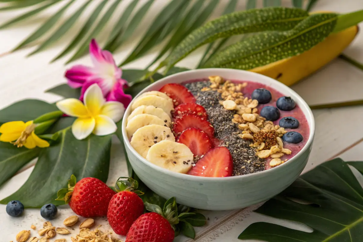 a colorful smoothie bowl topped with fresh fruits