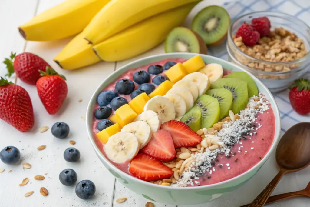 A vibrant assortment of fresh fruit toppings for a smoothie bowl