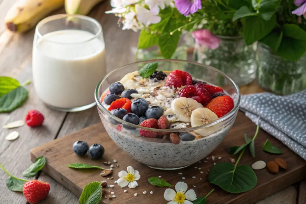 A vibrant bowl of chia pudding topped with fresh berries