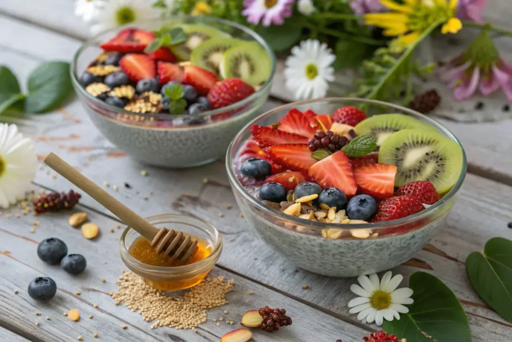 A glass bowl of creamy chia pudding topped with fresh fruits like strawberries