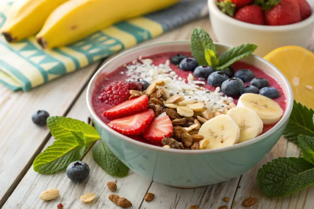 A vibrant smoothie bowl filled with a colorful blend of fruits like bananas, strawberries, and blueberries, topped with granola